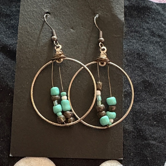 Jewelry - Turquoise and Brown Beaded Hoop Earrings